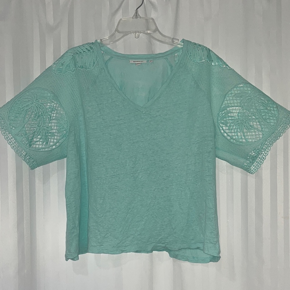 Chico's Light Turquoise Lace Shoulder & Sleeve Accent Blouse